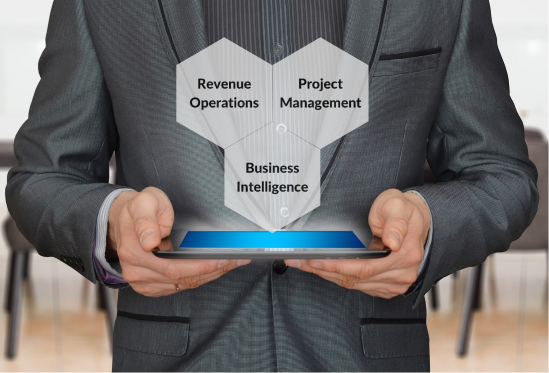 Man holding tablet, image of services provided erupt from the tablet